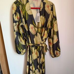 Traffic People shimmery wrap dress blue with cream and pink tulips